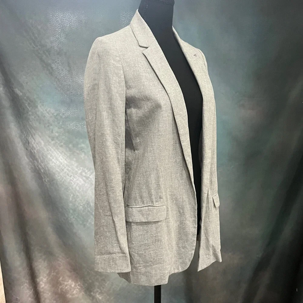 Massimo Dutti Grey Herringbone Silk Blend Open Front Blazer Jacket Size‎ 4